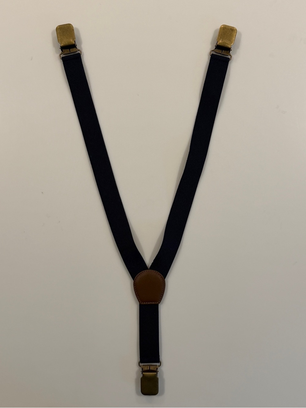 Boys Navy Elastic Suspenders with Brown Leather Accent